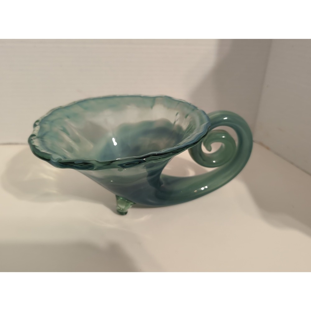 Vintage Sooner Glass Hand-Blown Cornucopia Bluish Green Bowl